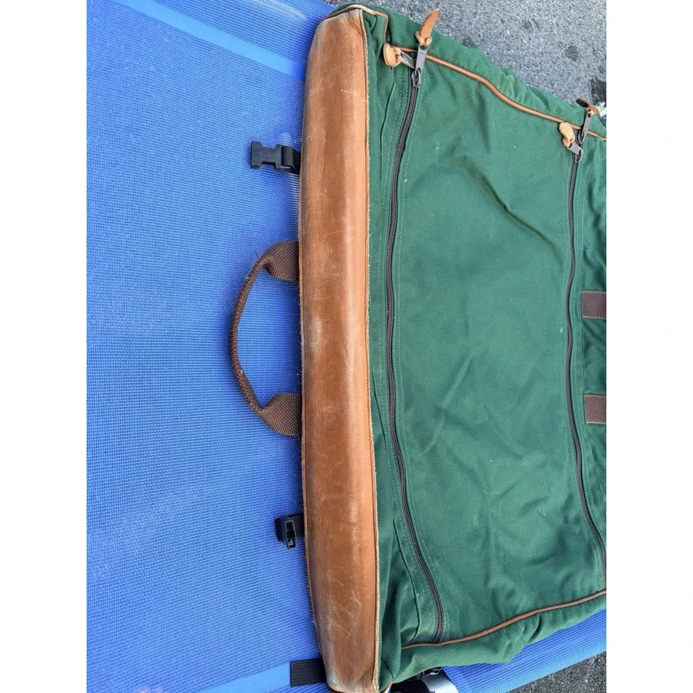 Vintage LL BEAN Green Canvas Leather Folding Garment Carrying Bag Travel